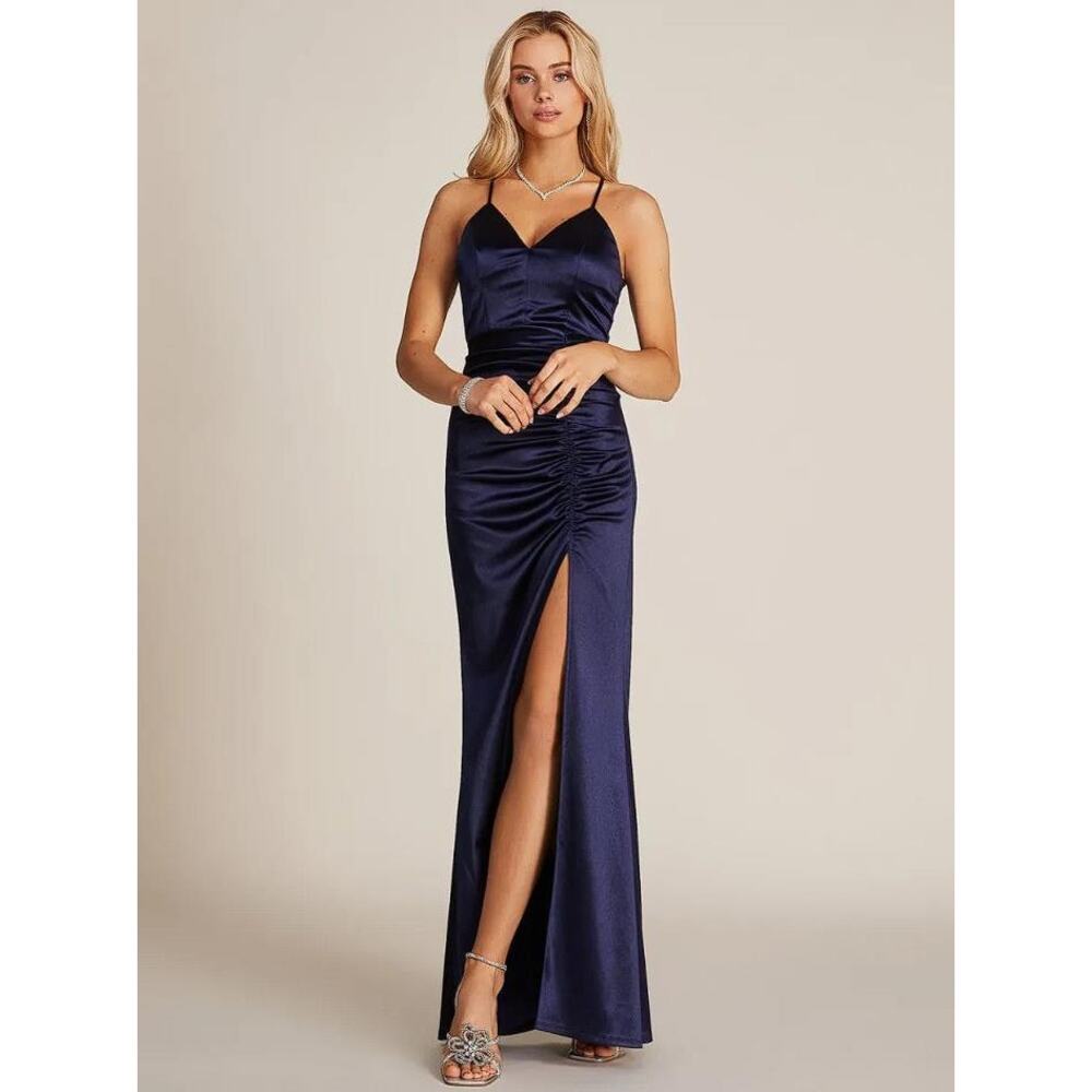 LE CHATEAU Women's V-Neck Lace-Back Satin Gown Size S In Stellar